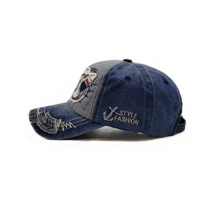 Gorra de béisbol lavada con borde deshilachado retro y bordado de tiburón
