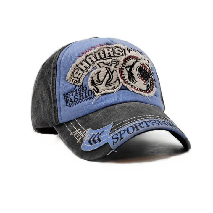 Gorra de béisbol lavada con borde deshilachado retro y bordado de tiburón