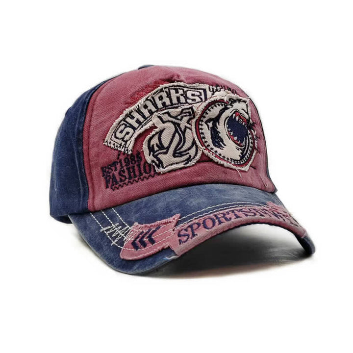 Gorra de béisbol lavada con borde deshilachado retro y bordado de tiburón