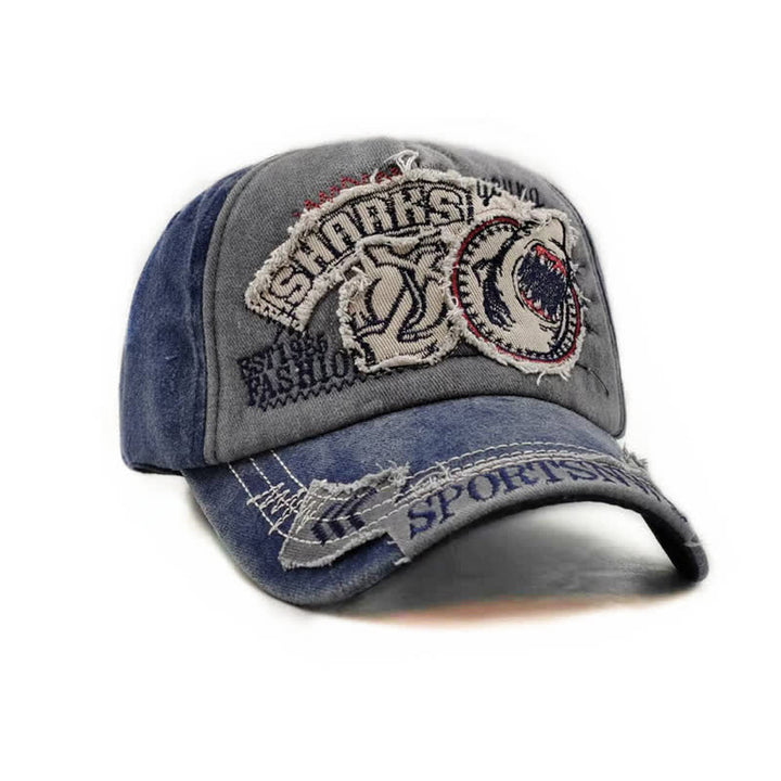 Gorra de béisbol lavada con borde deshilachado retro y bordado de tiburón
