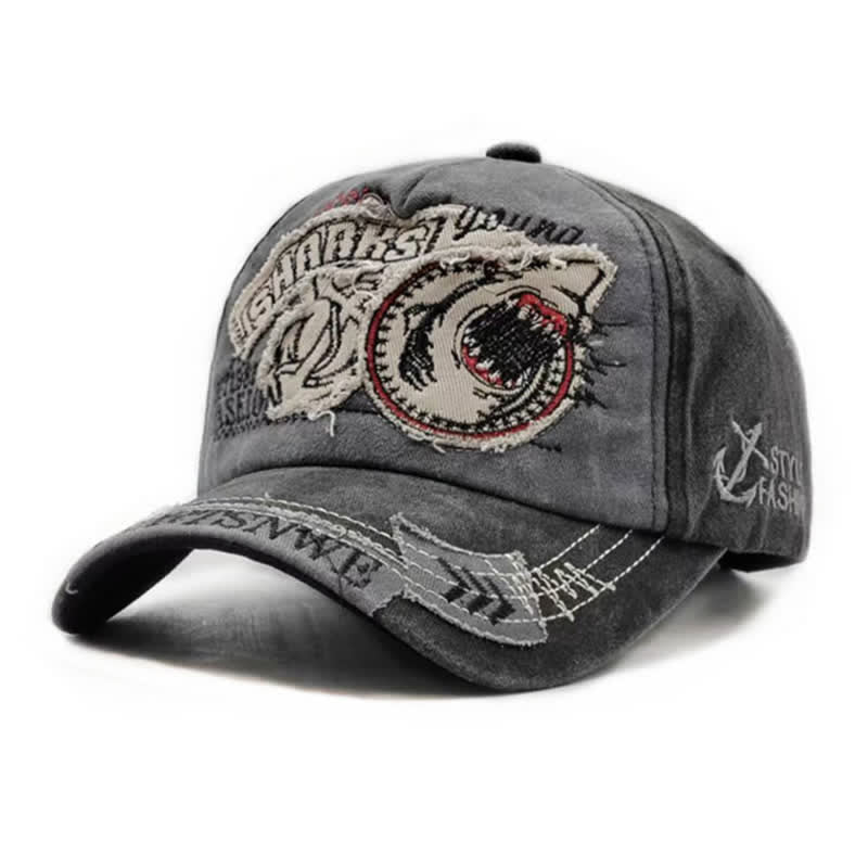 Gorra de béisbol lavada con borde deshilachado retro y bordado de tiburón