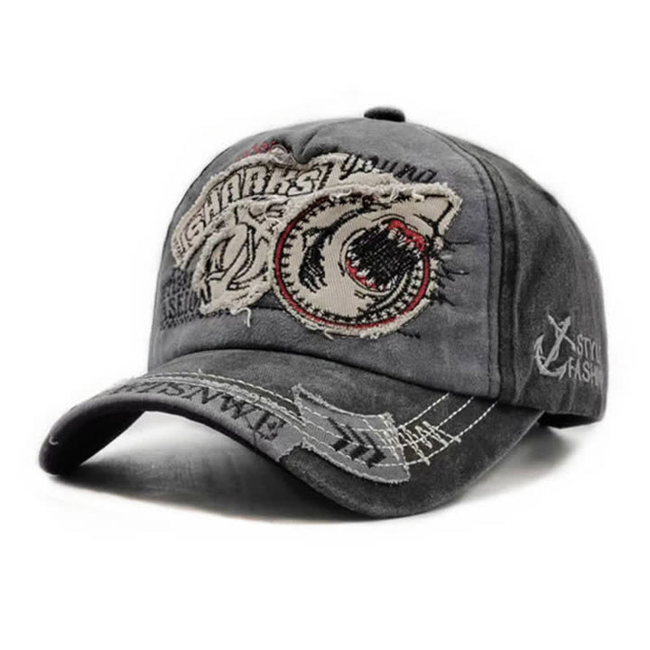 Gorra de béisbol lavada con borde deshilachado retro y bordado de tiburón