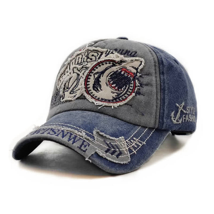 Gorra de béisbol lavada con borde deshilachado retro y bordado de tiburón