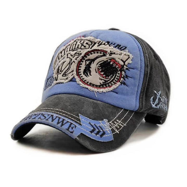 Gorra de béisbol lavada con borde deshilachado retro y bordado de tiburón
