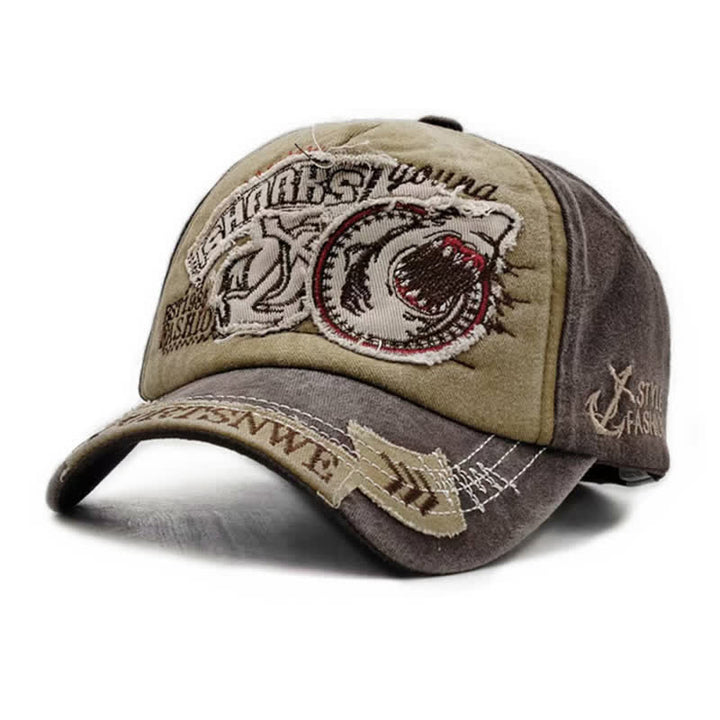 Gorra de béisbol lavada con borde deshilachado retro y bordado de tiburón