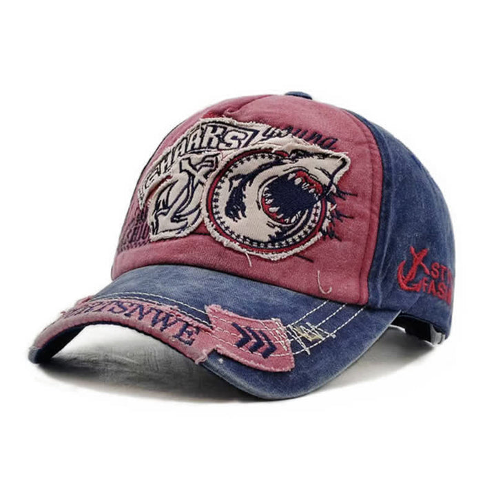 Gorra de béisbol lavada con borde deshilachado retro y bordado de tiburón