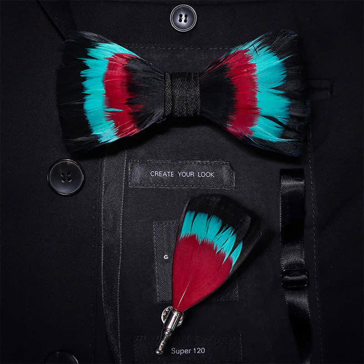 Pajarita de plumas color vino turquesa con alfiler de solapa