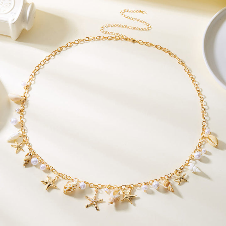 Cadena de cintura con perlas de imitación de concha de mar y estrella de mar de estilo bohemio de verano para mujer
