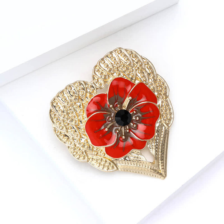 Broche de lujo con forma de corazón dorado y flor de amapola esmaltada