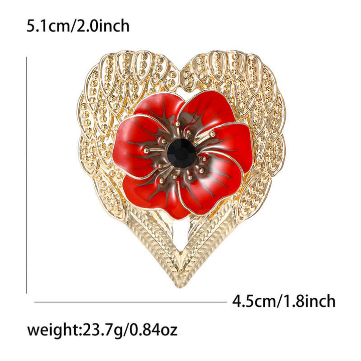 Broche de lujo con forma de corazón dorado y flor de amapola esmaltada