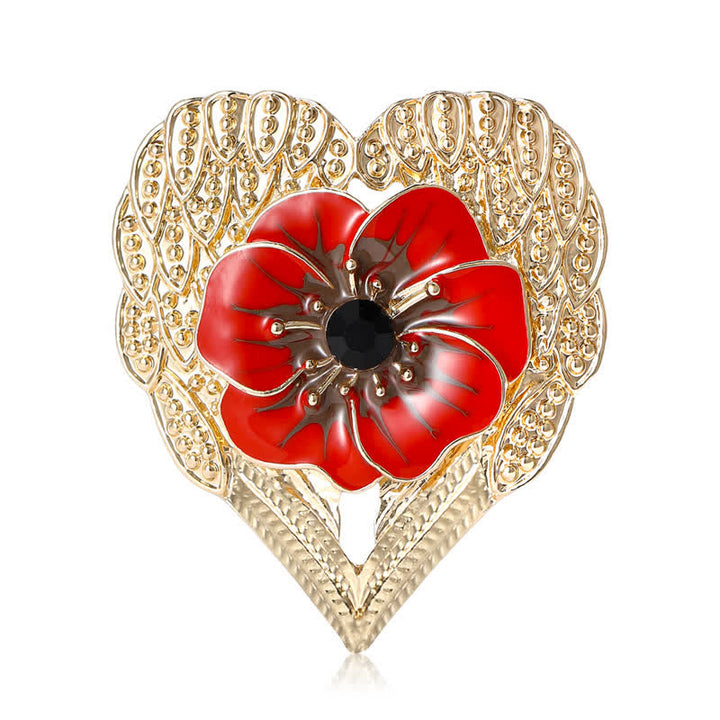 Broche de lujo con forma de corazón dorado y flor de amapola esmaltada