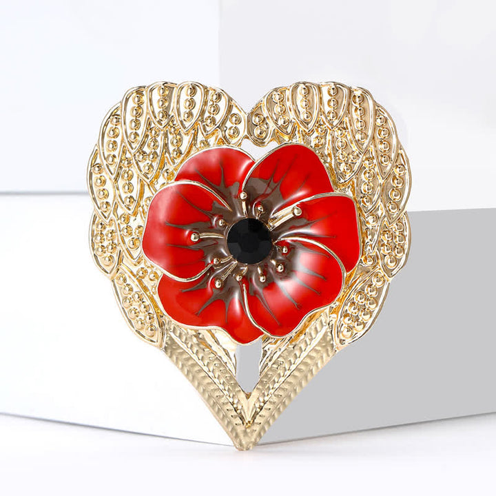Broche de lujo con forma de corazón dorado y flor de amapola esmaltada