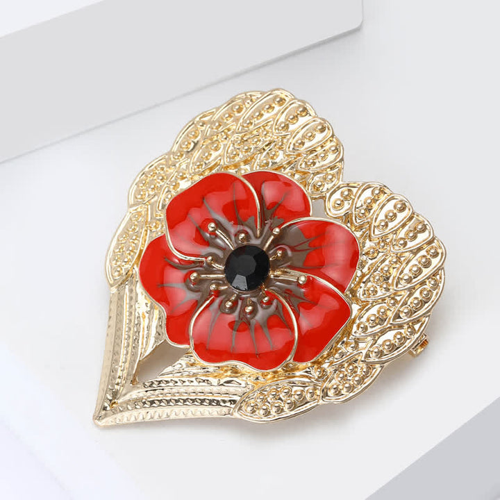 Broche de lujo con forma de corazón dorado y flor de amapola esmaltada