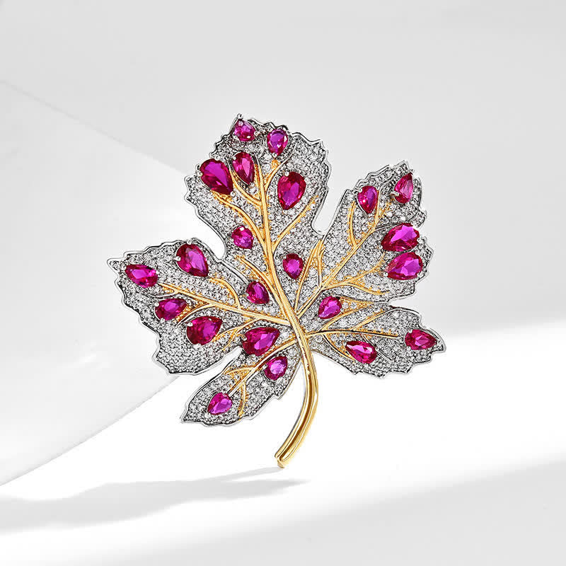 Broche de hoja de arce para mujer con cristales rosas y blancos