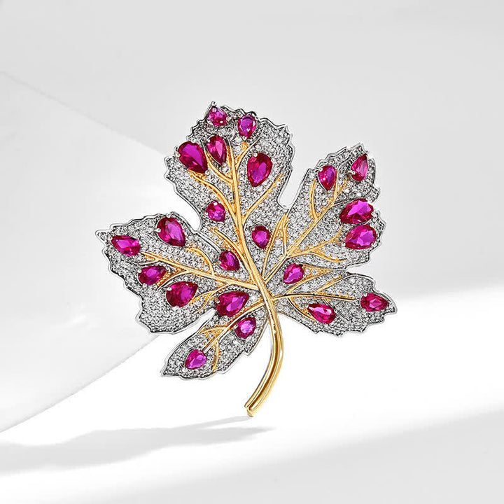 Broche de hoja de arce para mujer con cristales rosas y blancos