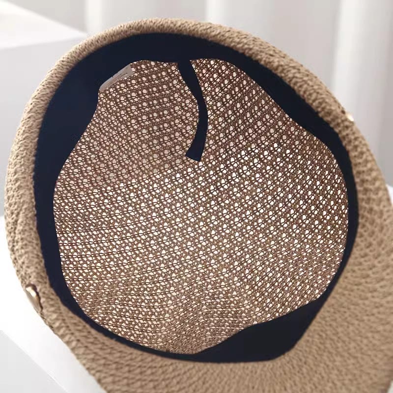 Boina de paja con banda de cuero de color liso para mujer, de verano