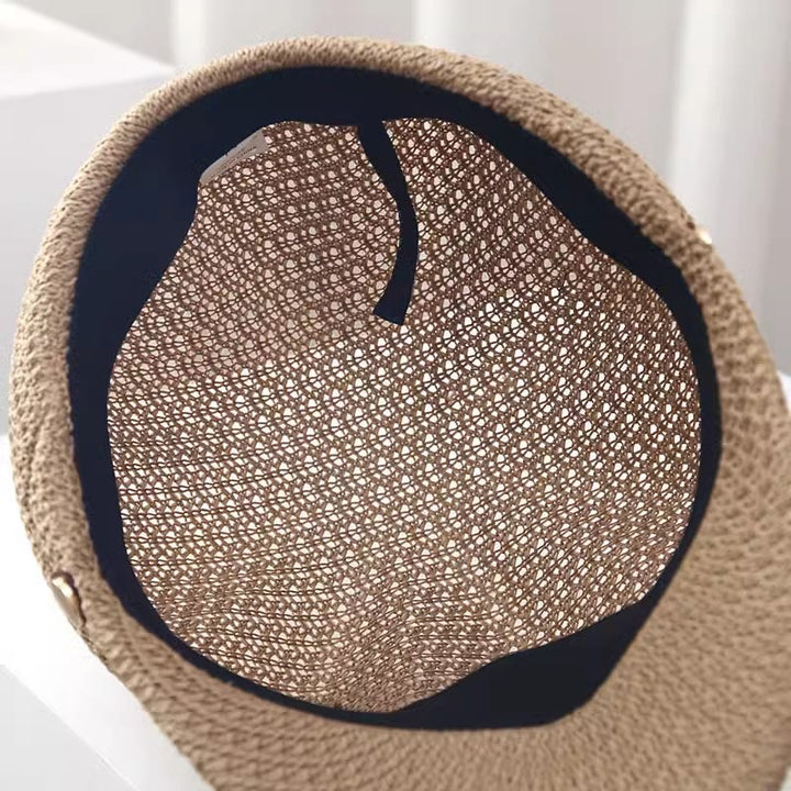 Boina de paja con banda de cuero de color liso para mujer, de verano