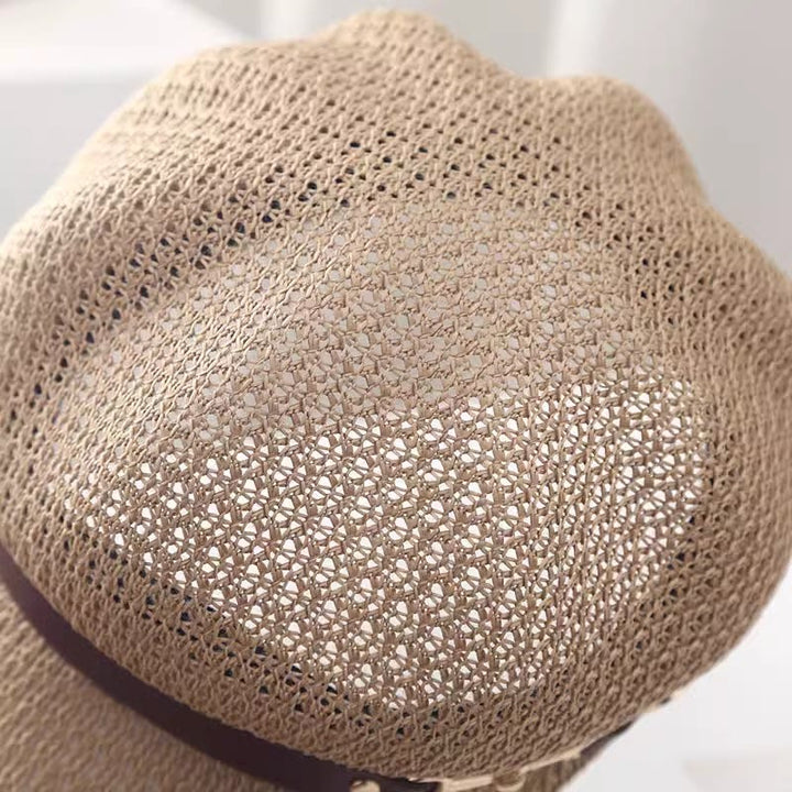 Boina de paja con banda de cuero de color liso para mujer, de verano