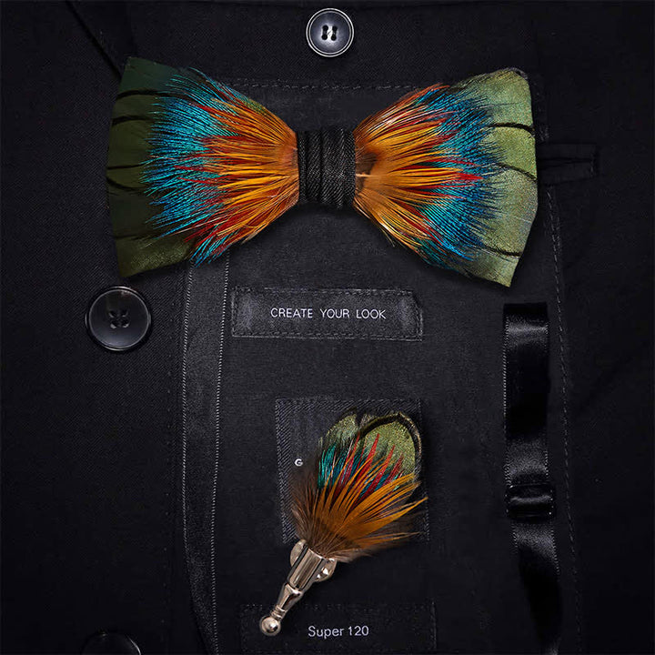 Pajarita de plumas de espectro colorido con prendedor de solapa