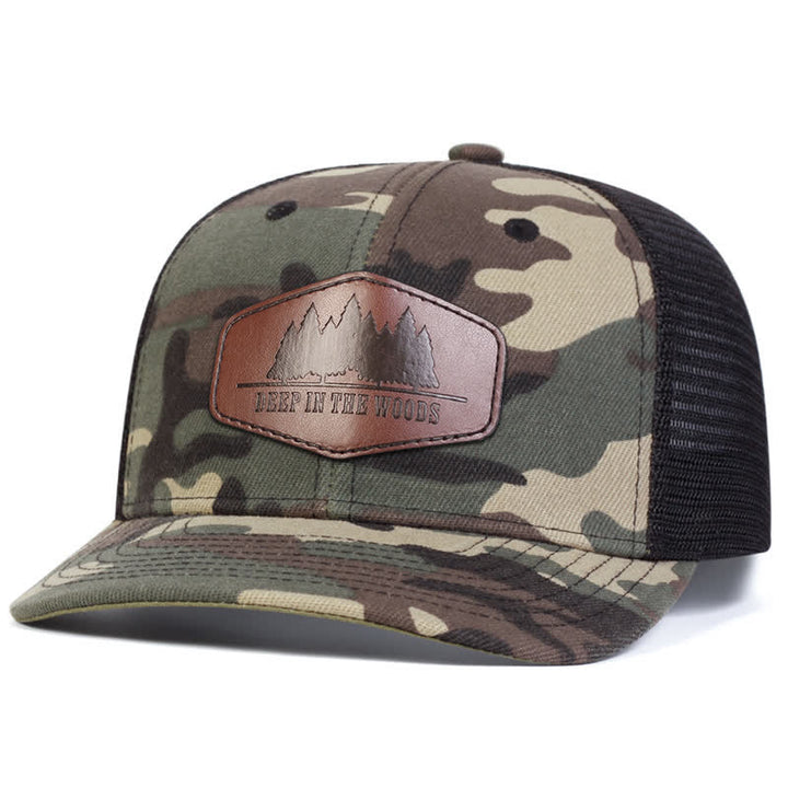 Gorra de camionero con parche de etiqueta de cuero "Deep In The Woods"