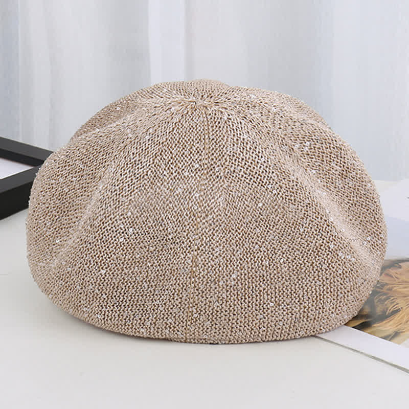 Boina de paja octogonal con lentejuelas y cadena dorada para mujer