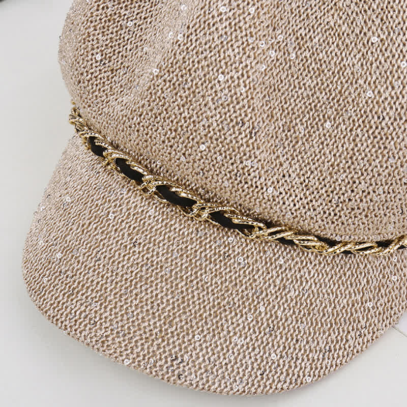 Boina de paja octogonal con lentejuelas y cadena dorada para mujer