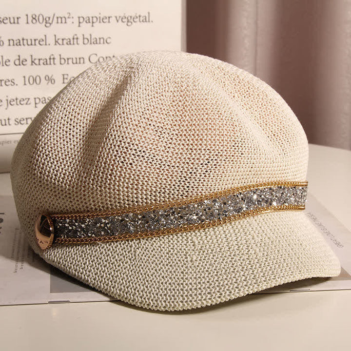 Boina de paja con cadena dorada y diamantes de imitación plateados para mujer