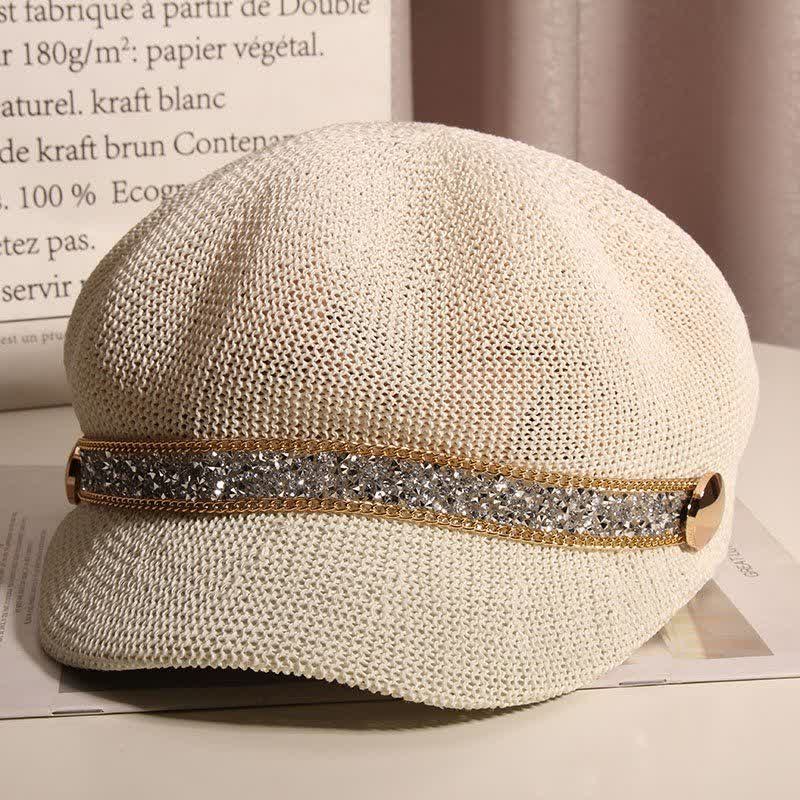 Boina de paja con cadena dorada y diamantes de imitación plateados para mujer