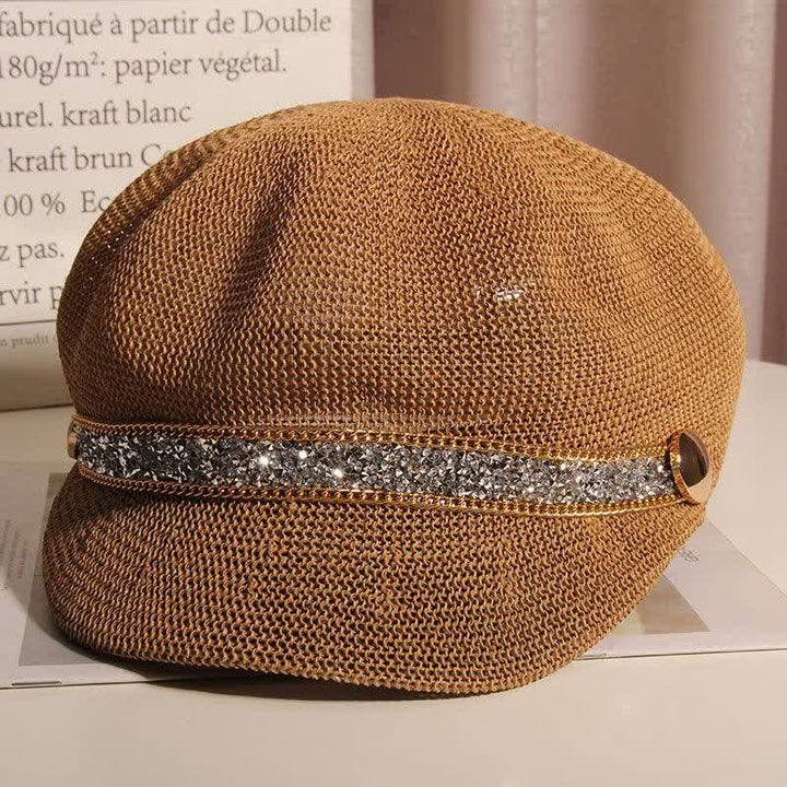 Boina de paja con cadena dorada y diamantes de imitación plateados para mujer