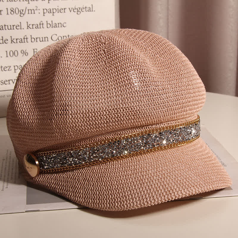 Boina de paja con cadena dorada y diamantes de imitación plateados para mujer