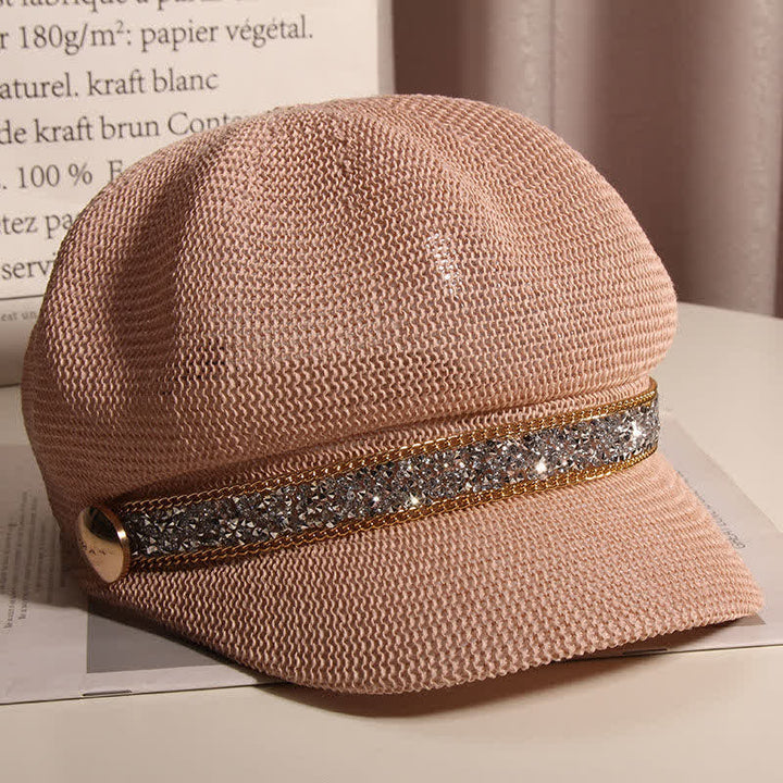 Boina de paja con cadena dorada y diamantes de imitación plateados para mujer