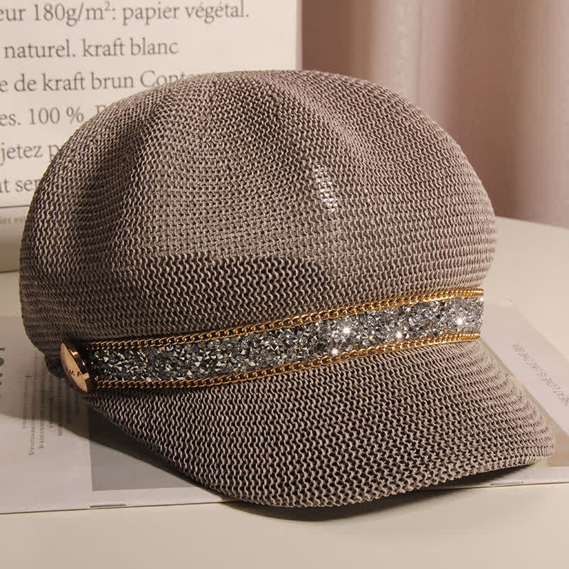 Boina de paja con cadena dorada y diamantes de imitación plateados para mujer