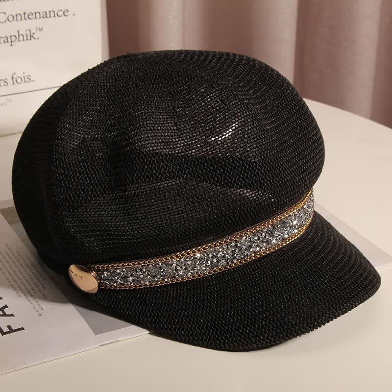 Boina de paja con cadena dorada y diamantes de imitación plateados para mujer