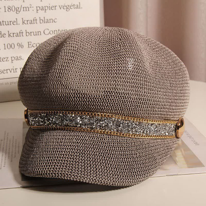 Boina de paja con cadena dorada y diamantes de imitación plateados para mujer