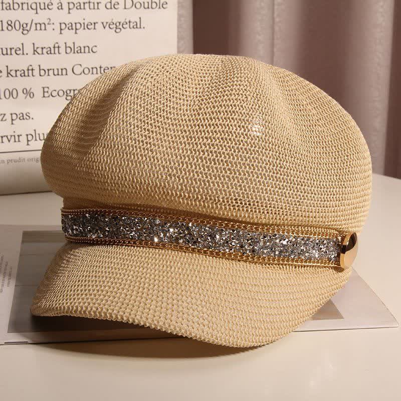 Boina de paja con cadena dorada y diamantes de imitación plateados para mujer