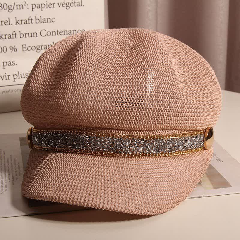 Boina de paja con cadena dorada y diamantes de imitación plateados para mujer