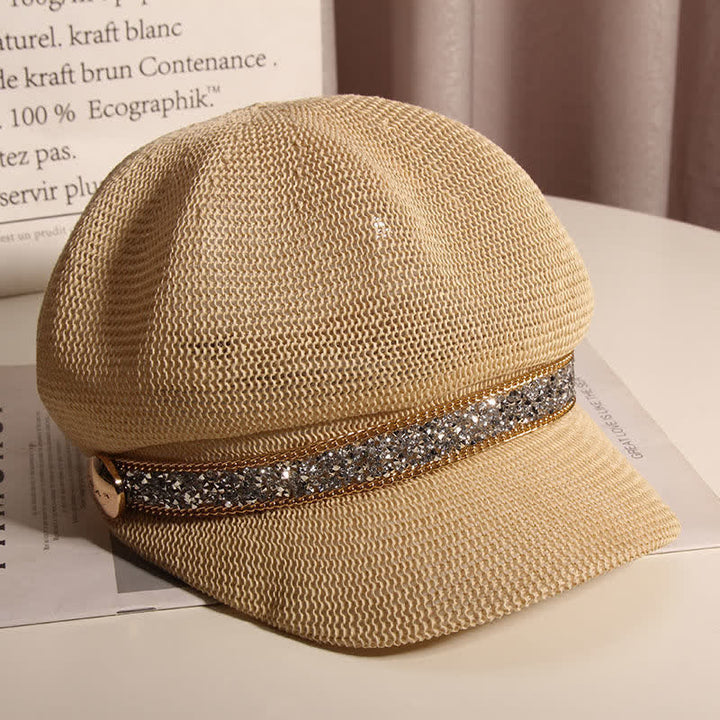 Boina de paja con cadena dorada y diamantes de imitación plateados para mujer