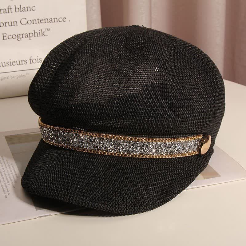 Boina de paja con cadena dorada y diamantes de imitación plateados para mujer