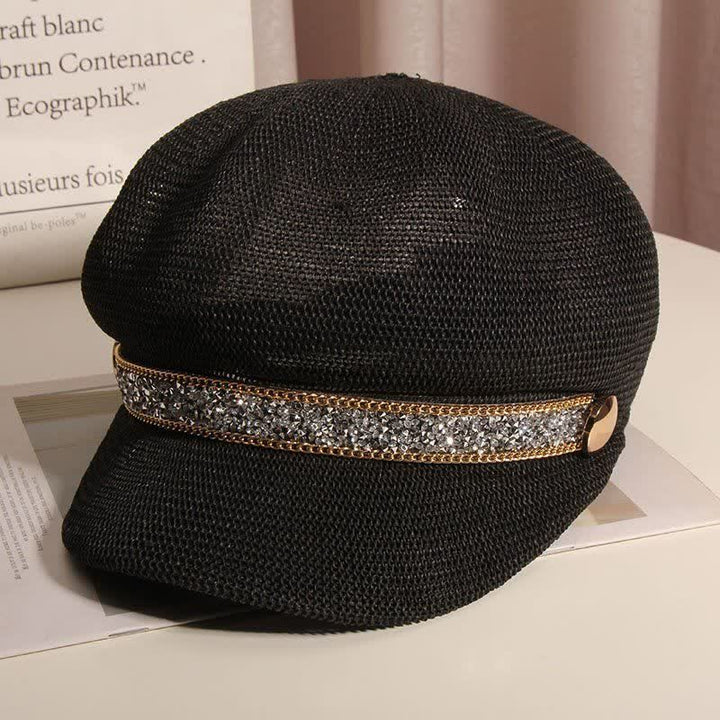 Boina de paja con cadena dorada y diamantes de imitación plateados para mujer