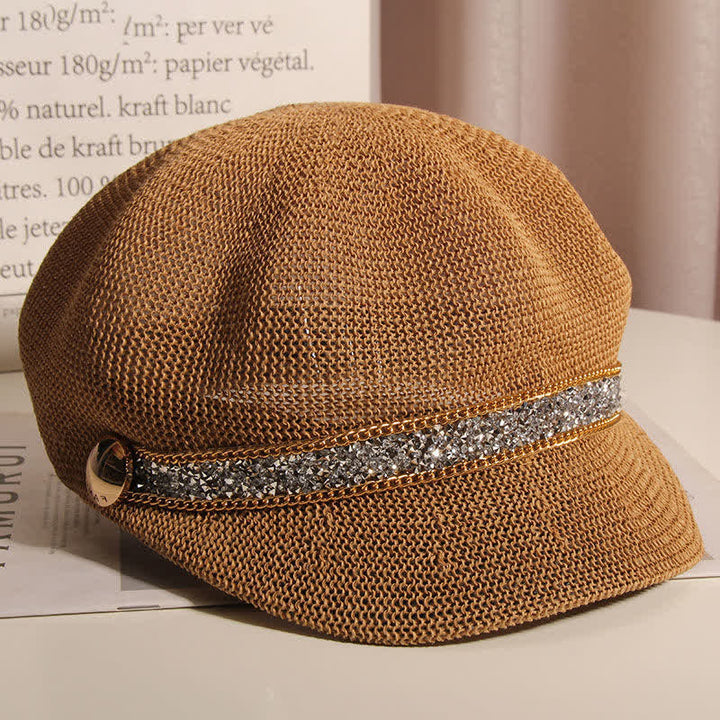 Boina de paja con cadena dorada y diamantes de imitación plateados para mujer