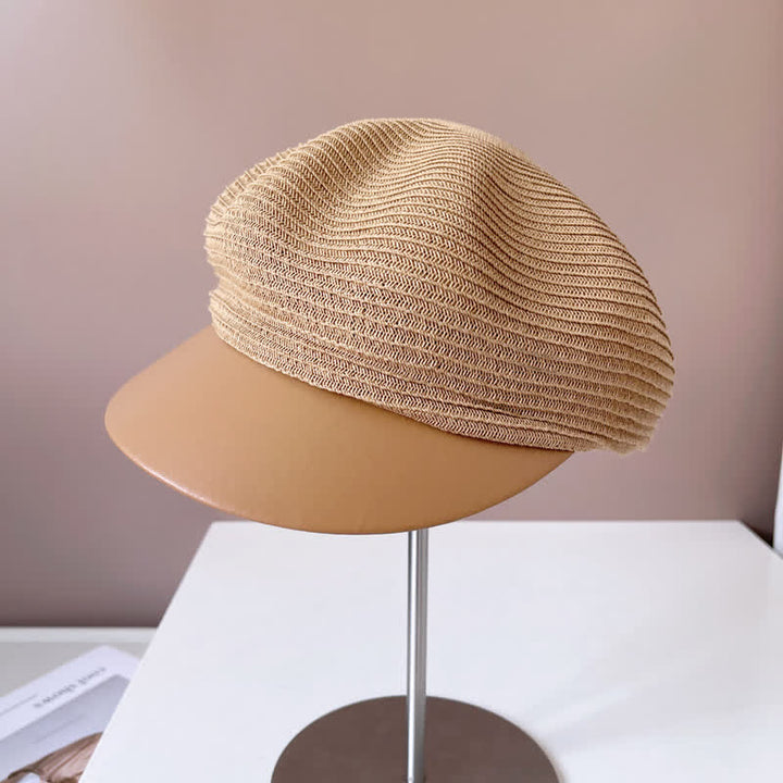Boina de paja con panel de ala de cuero sintético para mujer