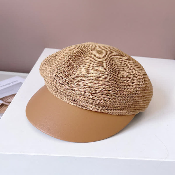 Boina de paja con panel de ala de cuero sintético para mujer