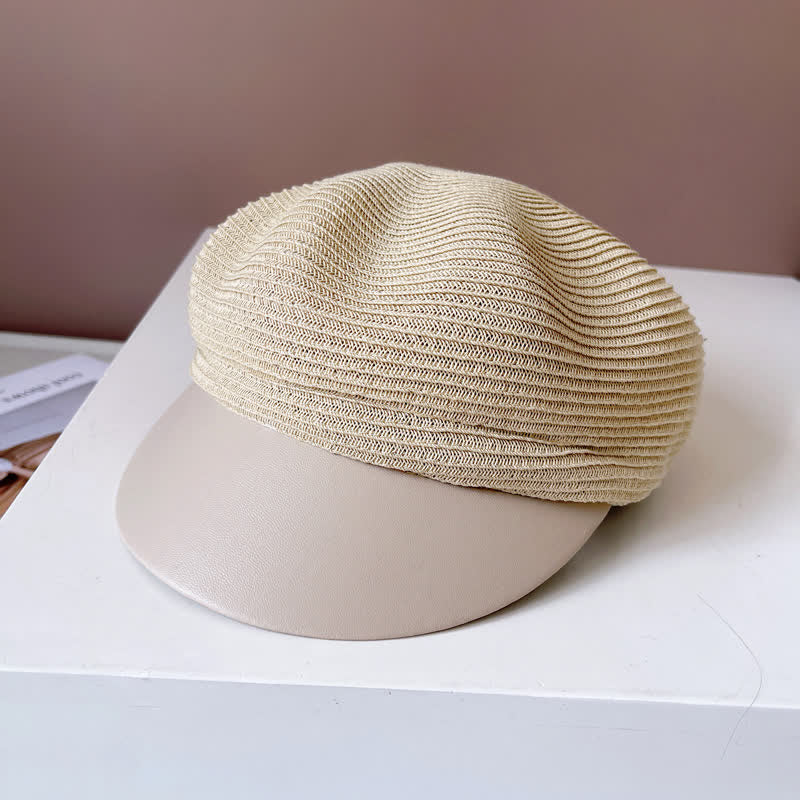 Boina de paja con panel de ala de cuero sintético para mujer