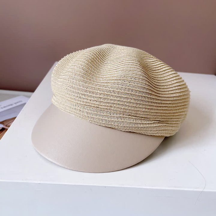 Boina de paja con panel de ala de cuero sintético para mujer