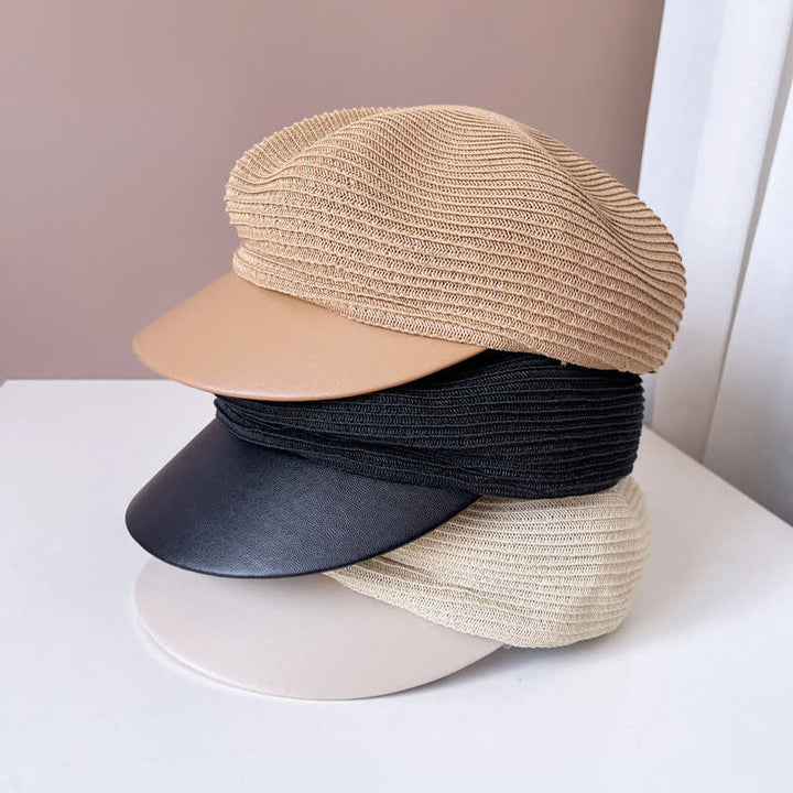 Boina de paja con panel de ala de cuero sintético para mujer