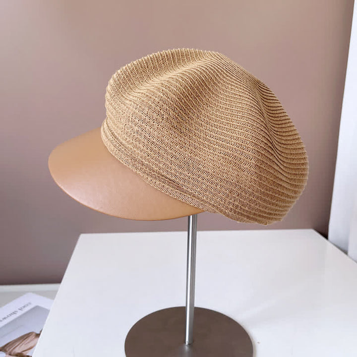Boina de paja con panel de ala de cuero sintético para mujer