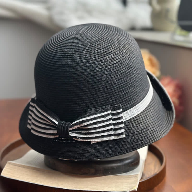 Sombrero fedora de paja playera con lazo a rayas para mujer
