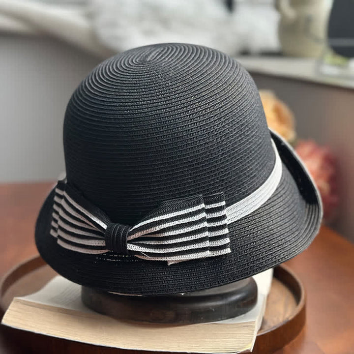 Sombrero fedora de paja playera con lazo a rayas para mujer