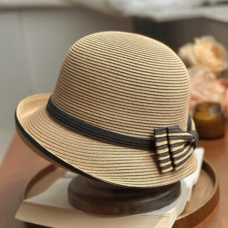 Sombrero fedora de paja playera con lazo a rayas para mujer