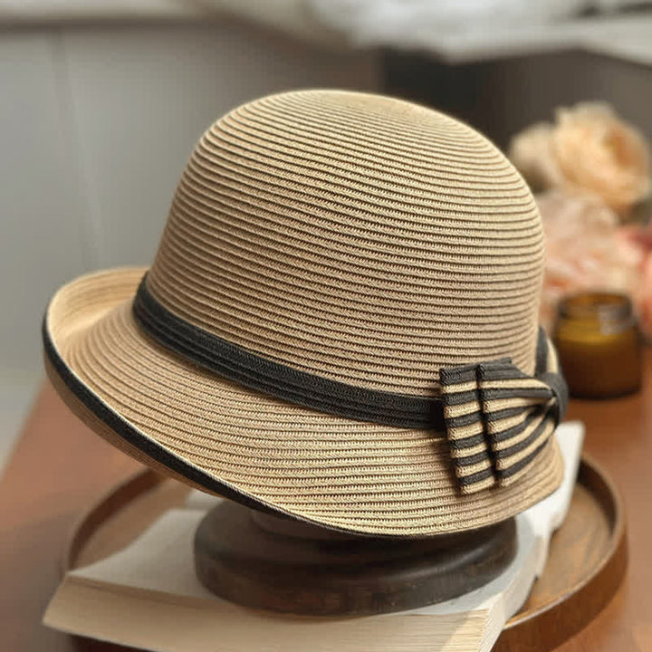 Sombrero fedora de paja playera con lazo a rayas para mujer